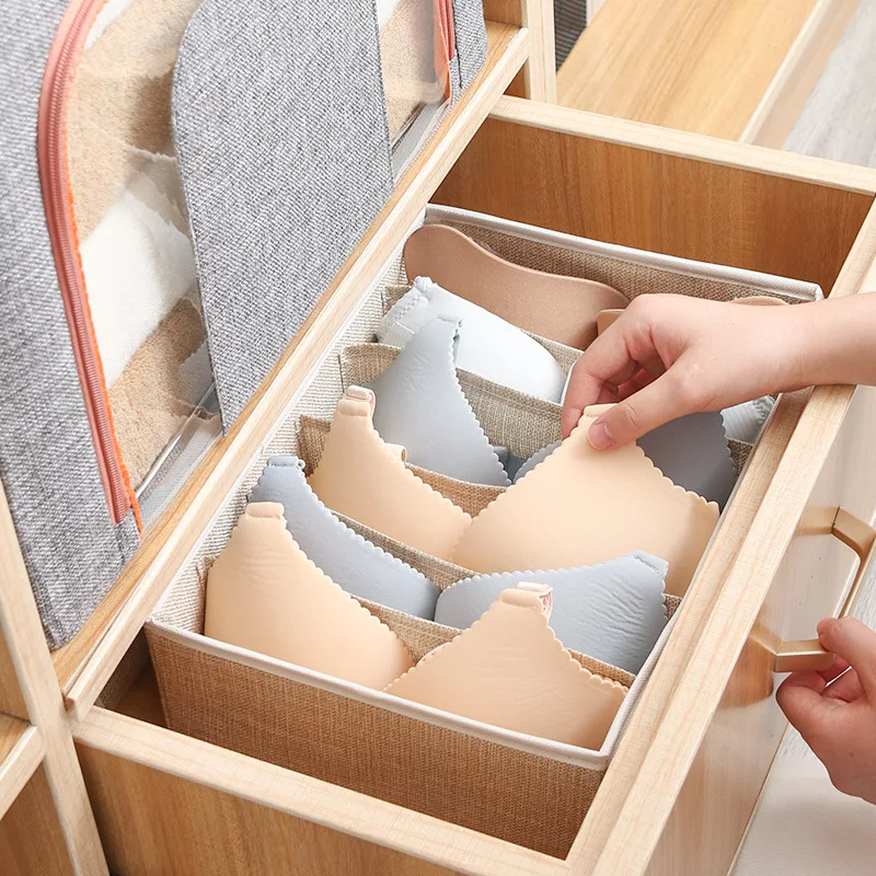 Cotton Linen 6/8/18 Grids Foldable Bras Scarves Ties Socks Storage Box Underwear Organizer