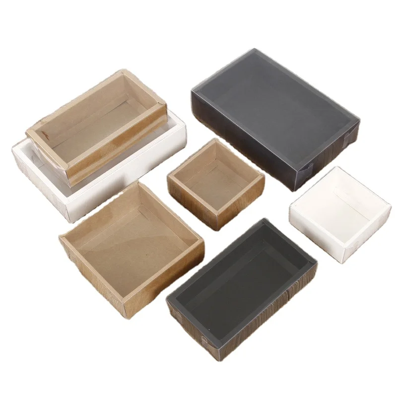 Wholesale custom small rectangle transparent plastic lid tray recyclable kraft paper gift packing boxes with clear PET cover