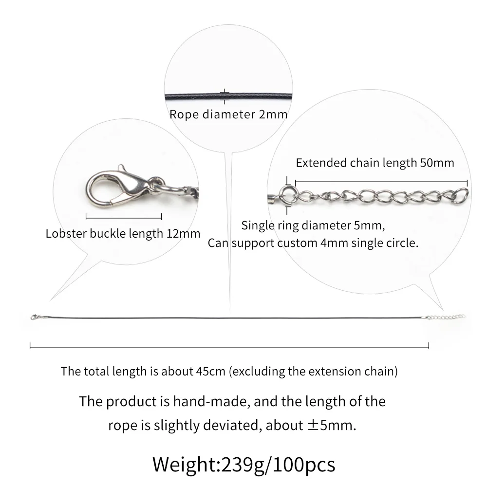 DIY Jewelry Accessories Wholesale 45cm+5cm Chain Lobster Clasp 2mm Black Wax Cotton thread Necklace Rope