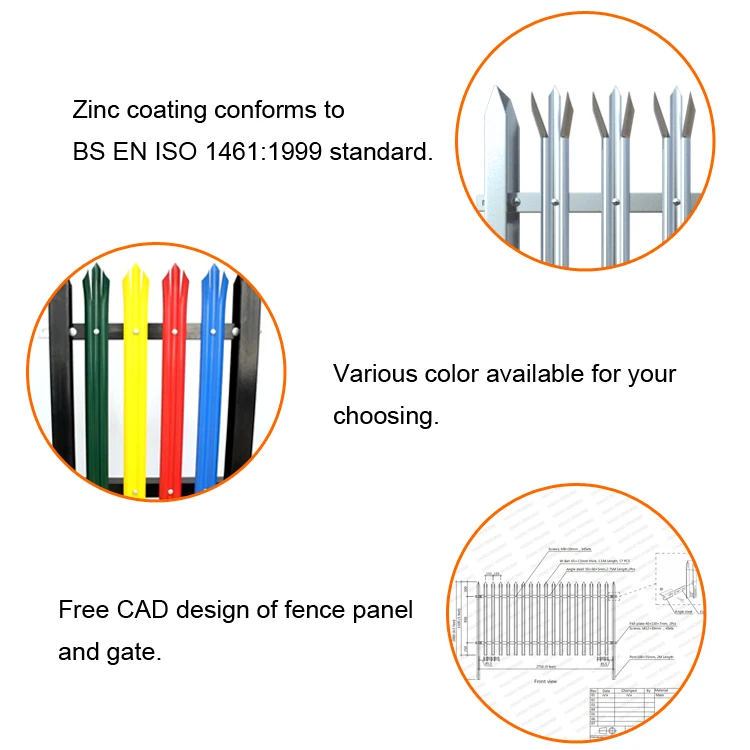 european style pvc coated triple pointed steel palisade fencing for South Africa