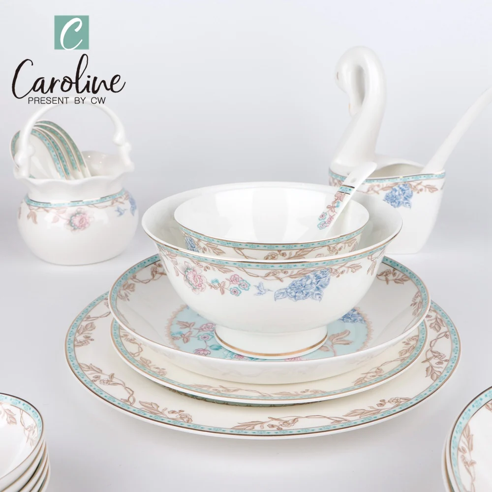 Luxury Gold Decal Eco-friendly Royal Bone China Ceramic White Dinner Plates Dish Nordic Tableware Dinnerware Mug Set Wholesale