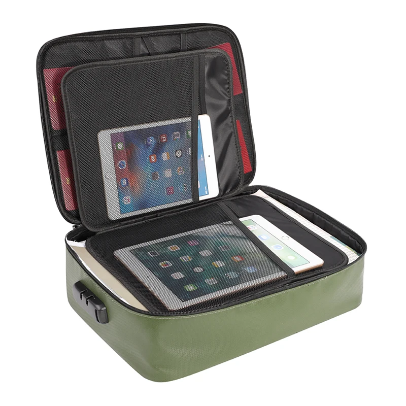 Custom Logo Multi-Layer Portable ArmyGreen Waterproof Fireproof Safe Document Bag Box Document Organizer with Lock