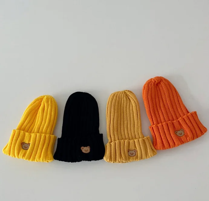 Wholesale Autumn Winter Bear Embroidery Baby Kids Knitted Beanie