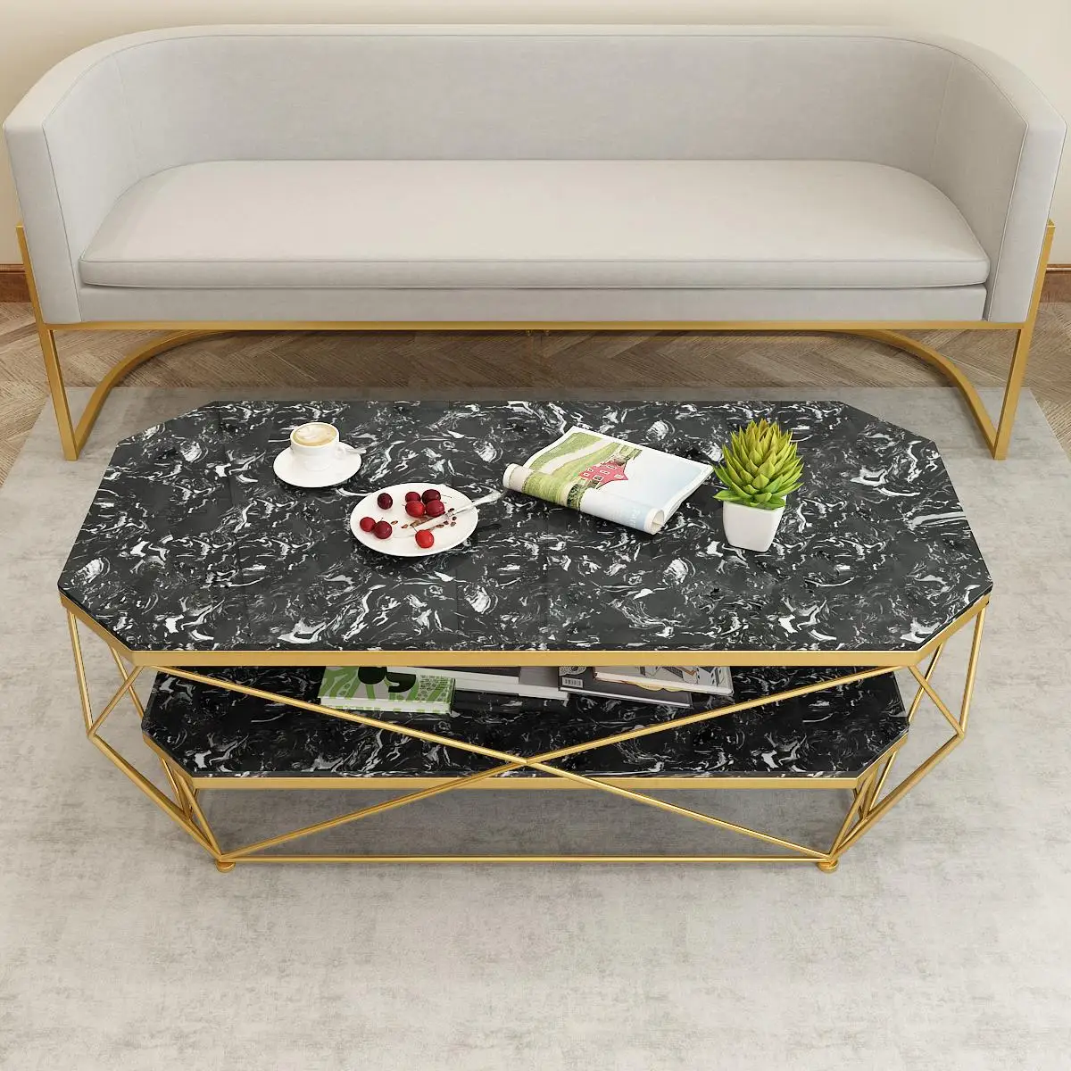 Simple Nordic living room rectangular iron marble creative fashion light indian wire metal glass coffee table