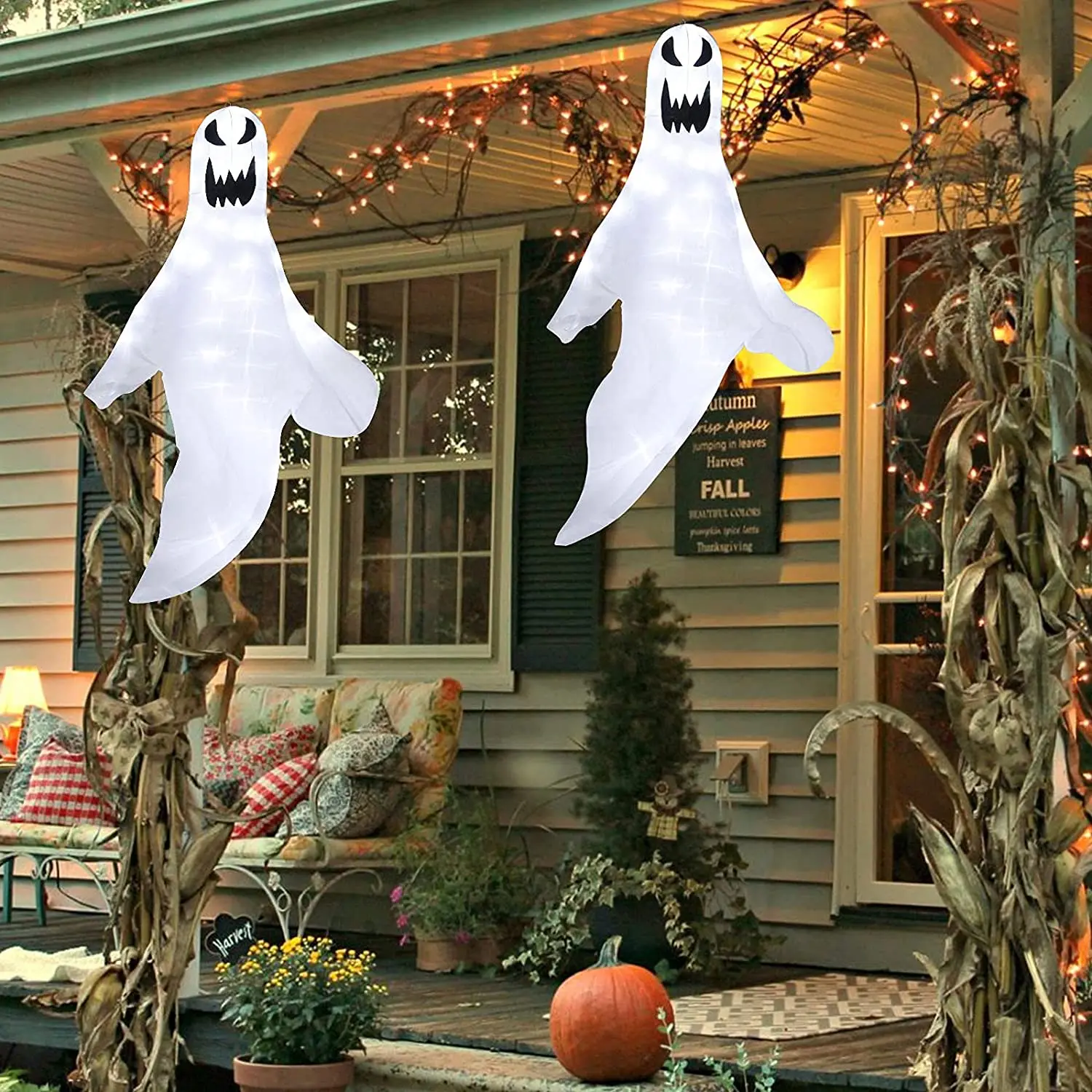 Customizable Halloween Ghost Windsock Light Hanging Halloween Flag Bendable Wire Framed with 80 White Cold Lights for Home Party