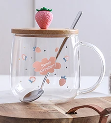 Nordic European INS style borosilicate glass strawberry transparent water coffee milk cup with wooden lid mug