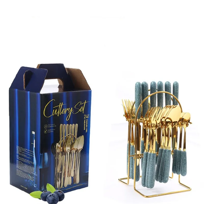 24 pcs gold and silverware cutlery set with stand stainless steel cutlery set mirror polished can be used for dishwasher