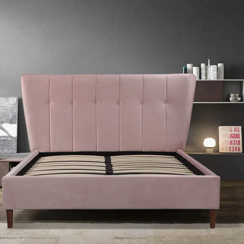Modern Wave Design Fabric King Queen Size Room Furniture Upholstered Tufted Bed With Steel Frame