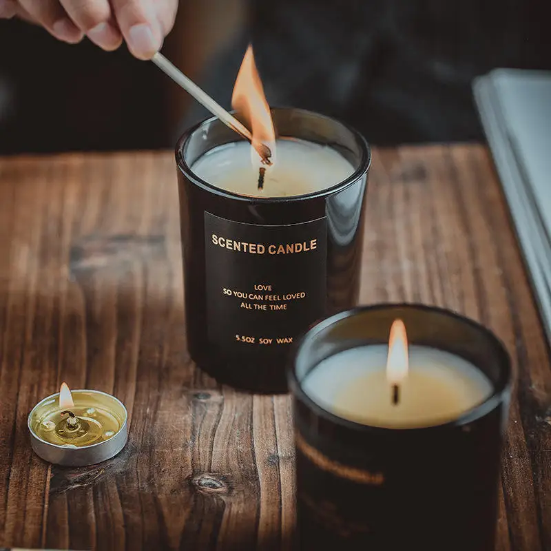 Wholesale hot selling black glass scented candle black glass ribbon soy wax candles scented with lids