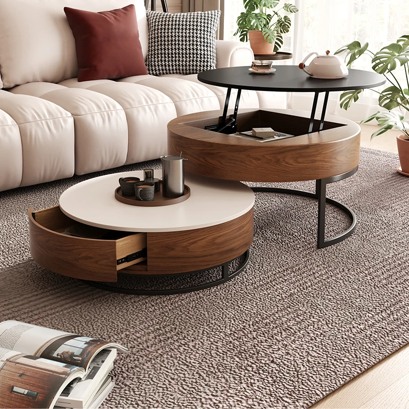 Modern Round Lift-top Nesting coffee table legs 2 Drawers White & Natural home coffee table modern round metal tray table