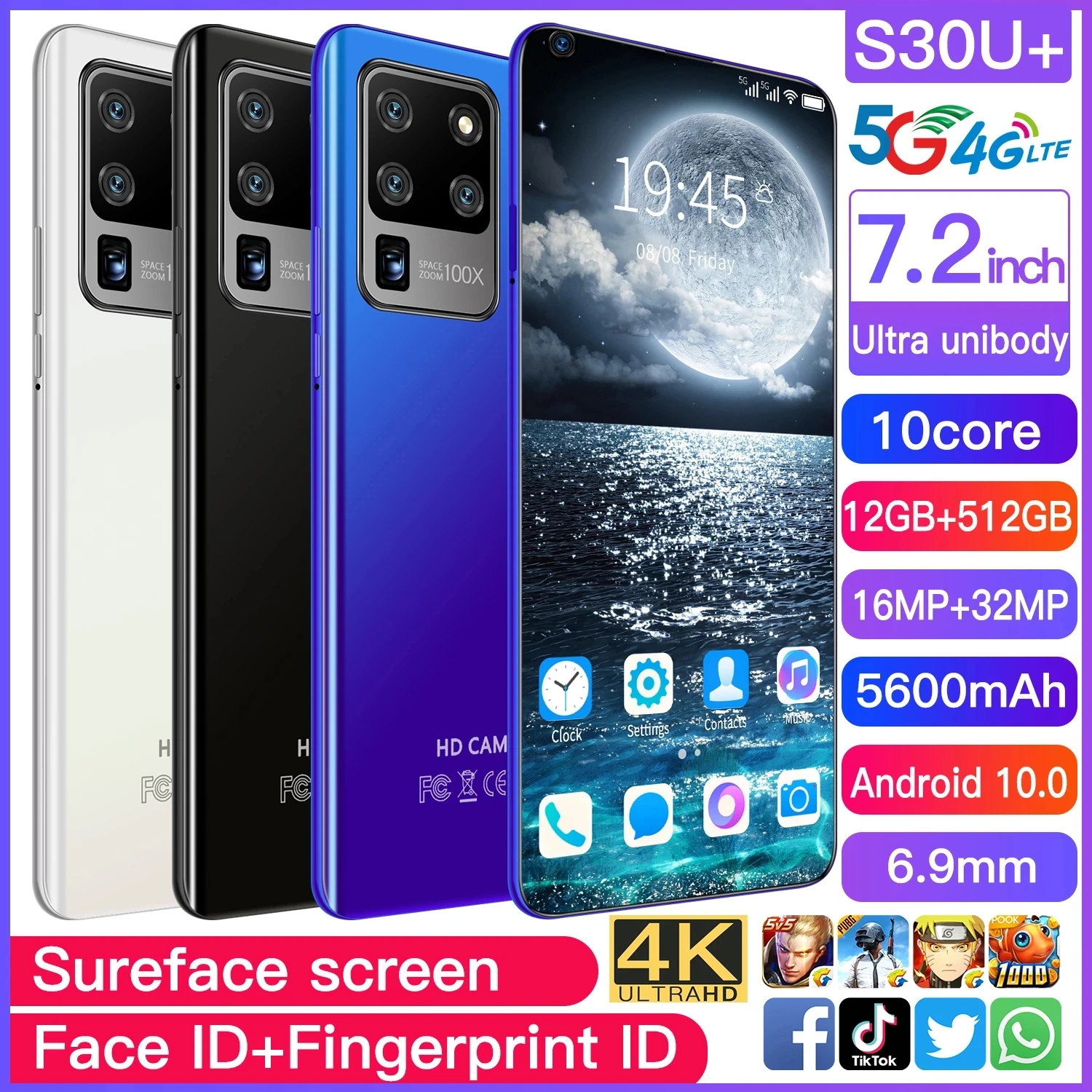  Смартфон S30u + 7 2 дюйма 12 512 ГБ Android 10 MTK6799 5600 мА · ч