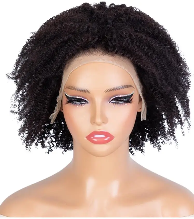 Brazilian Pixie Cut Short Swiss kinky Curly Glue Adhesive Waterproof Transparent Wig Frontal Human Hair 13*4 Lace Front Wigs