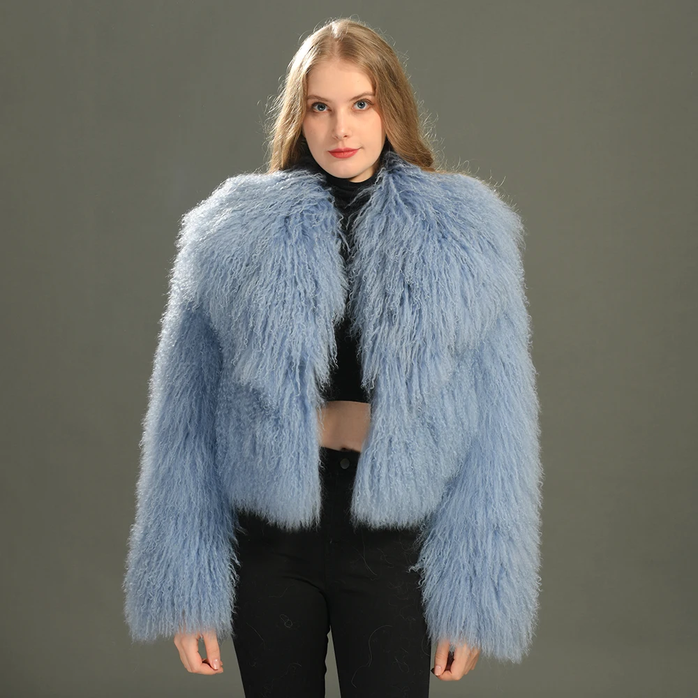 Fashion Fluffy Custom Color Thick Warm Natural Sheep  Fur Jacket Ladies Wholesale Winter Women Cropped Real Mongolian Fur Coat