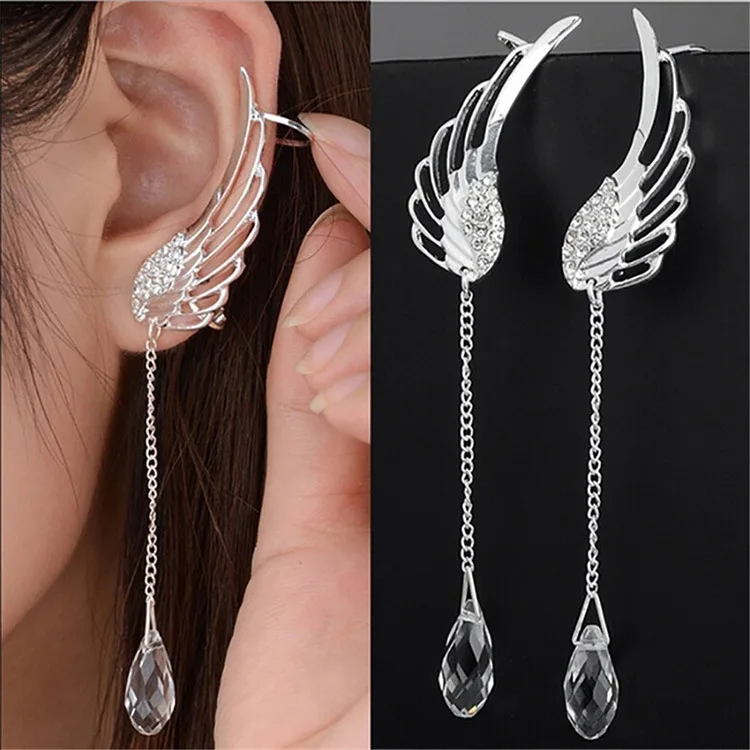 LWE50054 Pendientes De Gota Silver Angel Wing Stylist Crystal Earrings Drop Dangle Ear Stud Long Cuff Earring Bohemia Jewelry