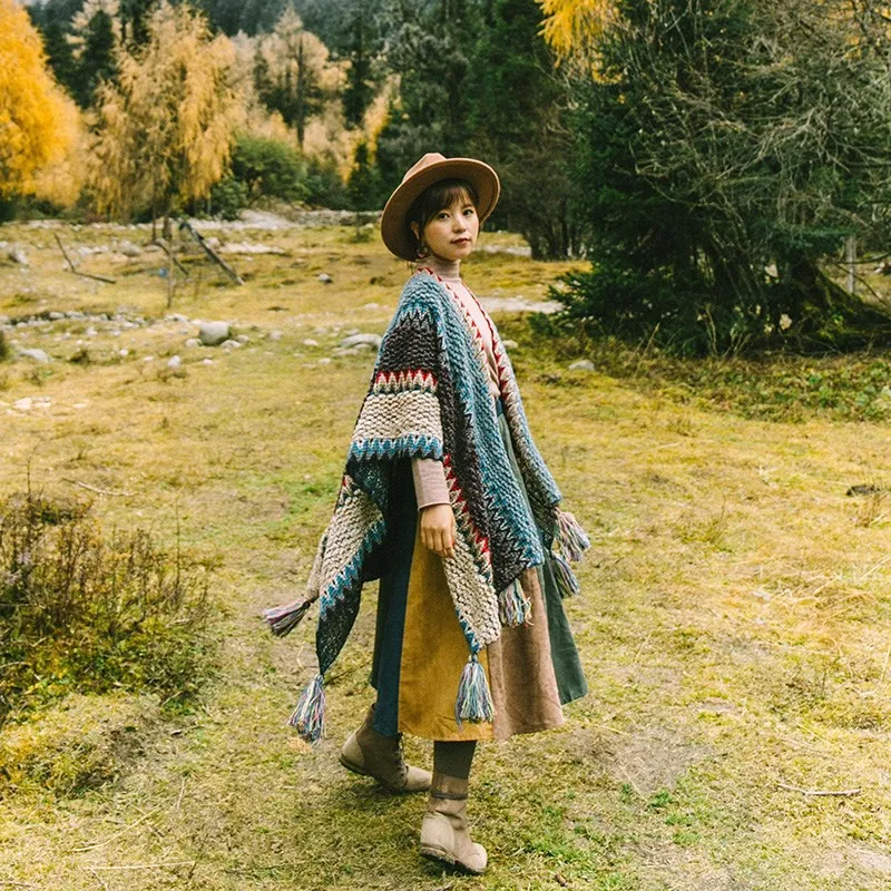 Women Traditional Retro Winter Vintage Poncho Capes Blanket Cardigan Coat Scarf Wrap Tassel Warm Shawl