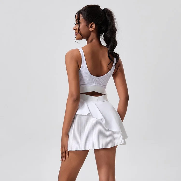 Hingto Custom White Irregular Pleated One Piece Tennis Dress With Anti-Exposure Shorts