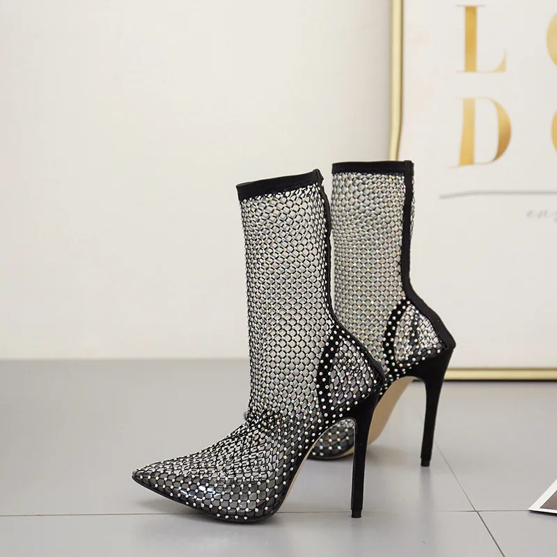 Bling Fashion high heels sexy big size thigh high heel sexy boots Custom black diamante fishnet ankle boots for women