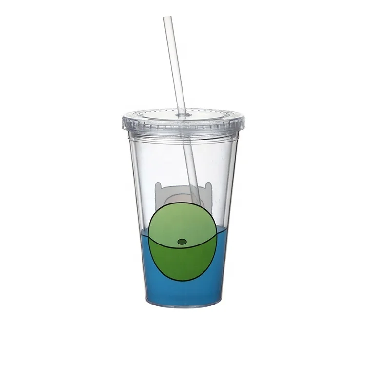 Drinking Cup with Straw Double Wall Cartoon Plastic 500ml Travel Mugs Support Cold Water Fly Cup with Lid All-season CN;ZHE