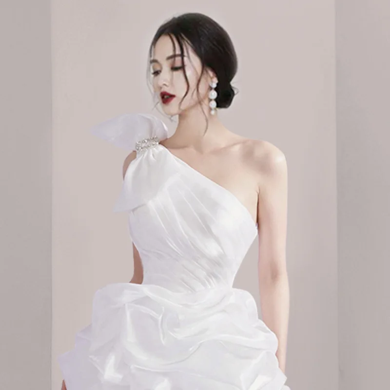 Elegant Single Shoulder Bow Blossom Skirt Sexy Open Back Waist Dress