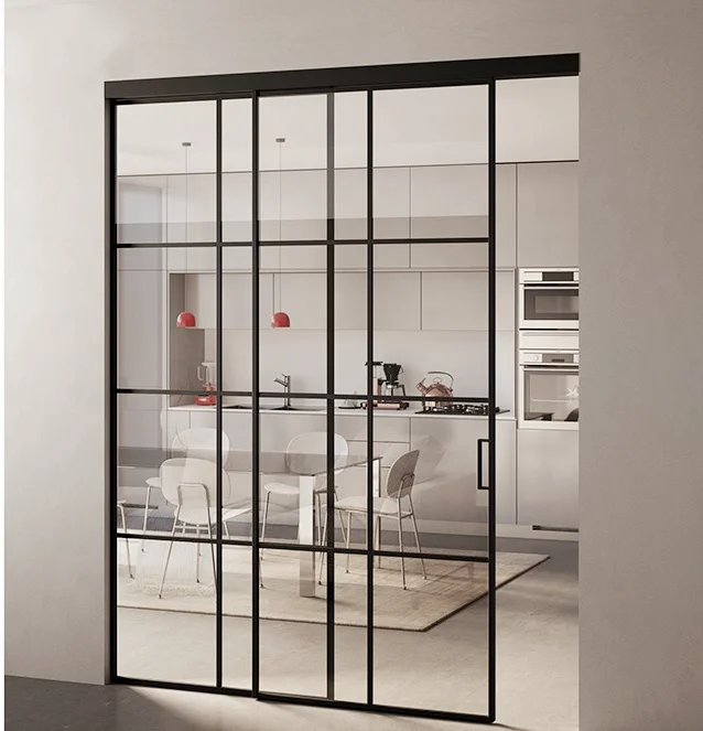 Aluminum frame interior triple three rail linkage glass partition wall sliding door for balcony