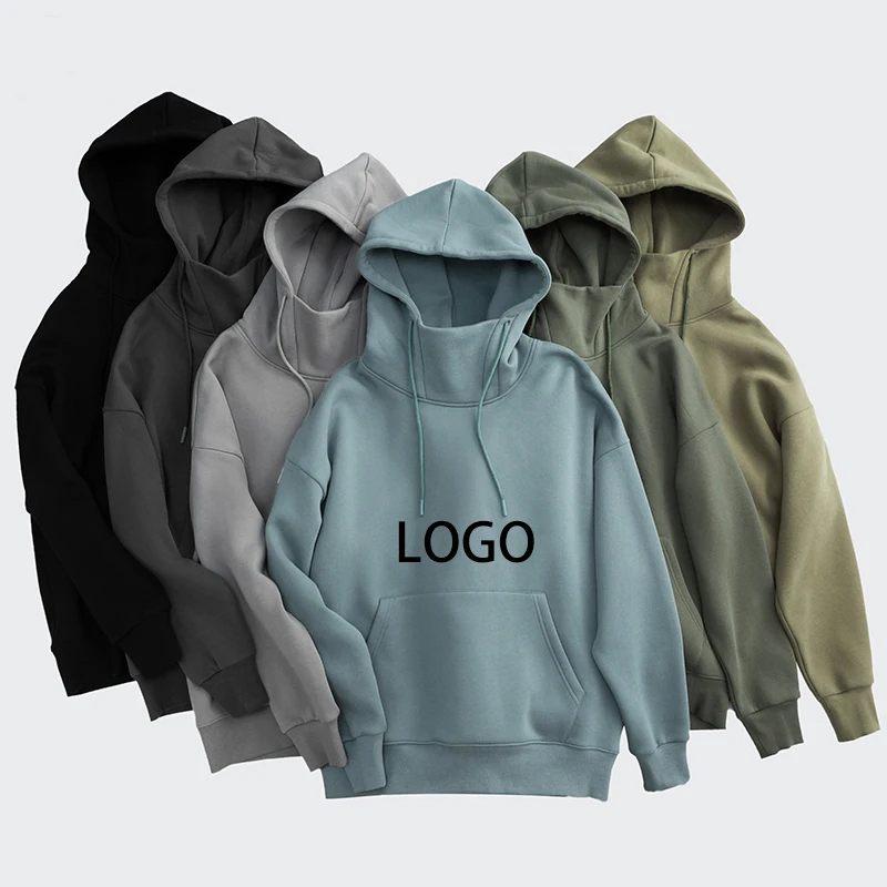 wholesale high quality plain high collar unisex 100% cotton heavy hoodie mens hoodies oem blank hoddies