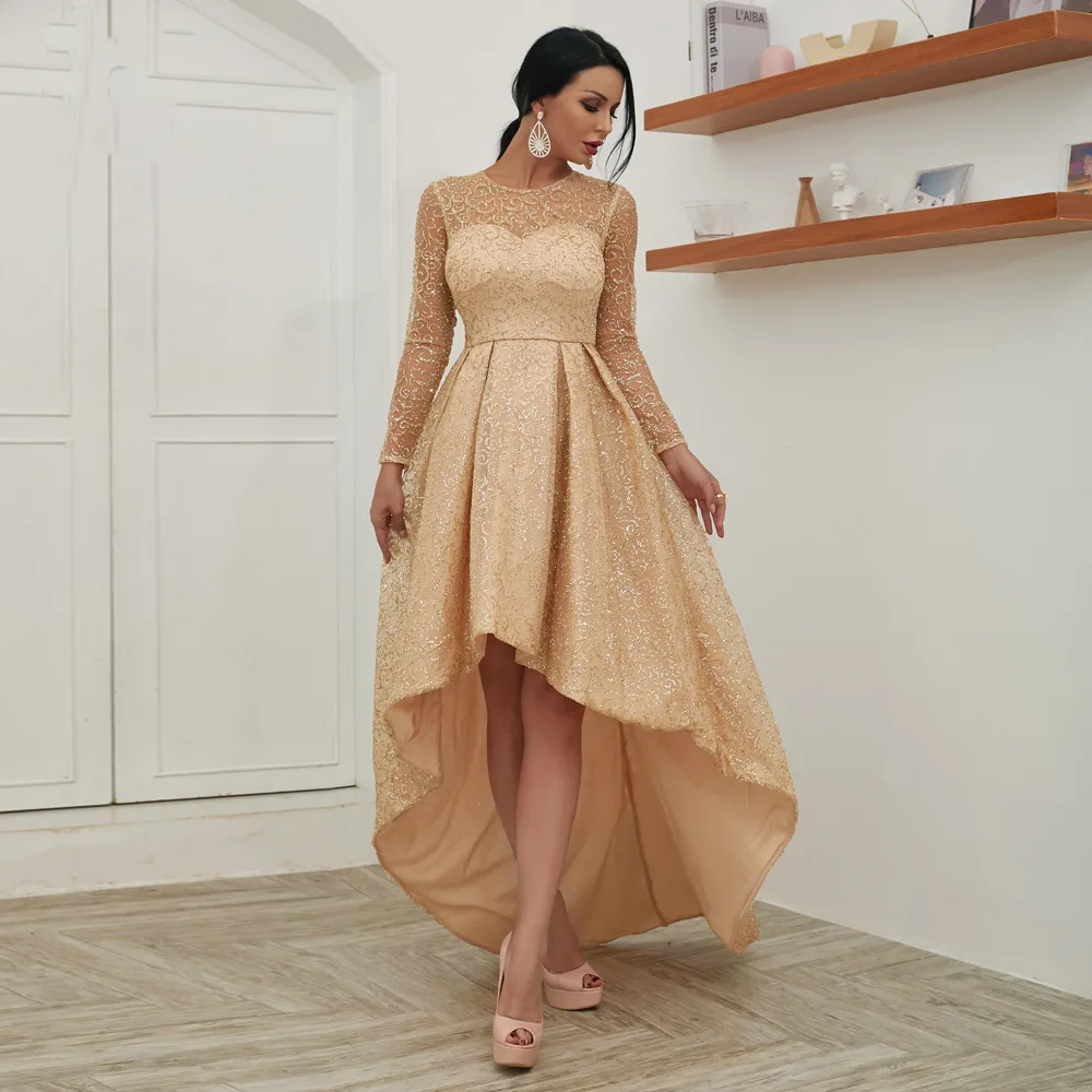 Custom High Quality O Neck Mermaid Beading Champagne High Low Summer Evening Dresses for Wedding