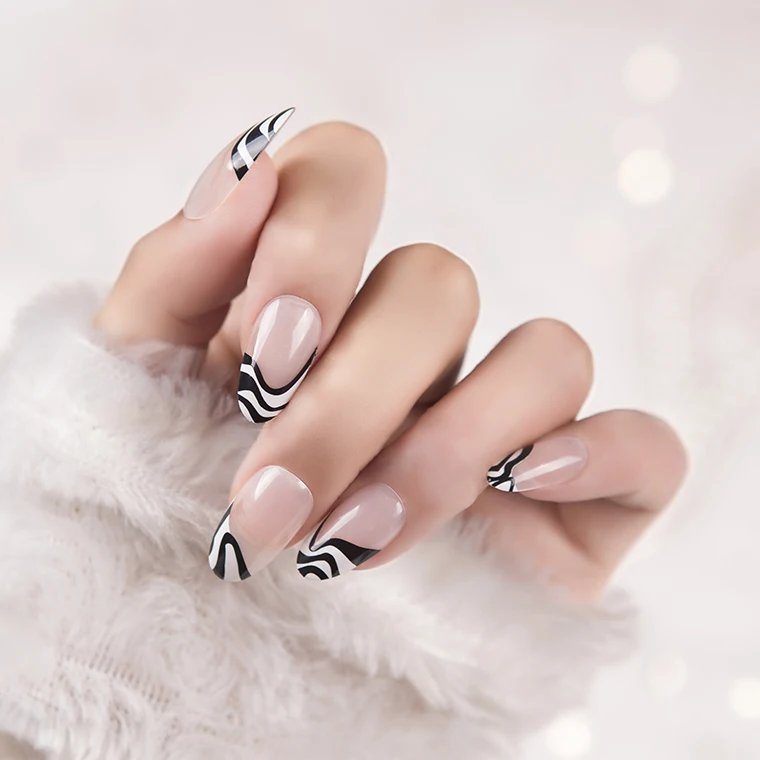 good quality wholesale manufacture dark blu cow nude design oval round shapes press on artificial fingernails