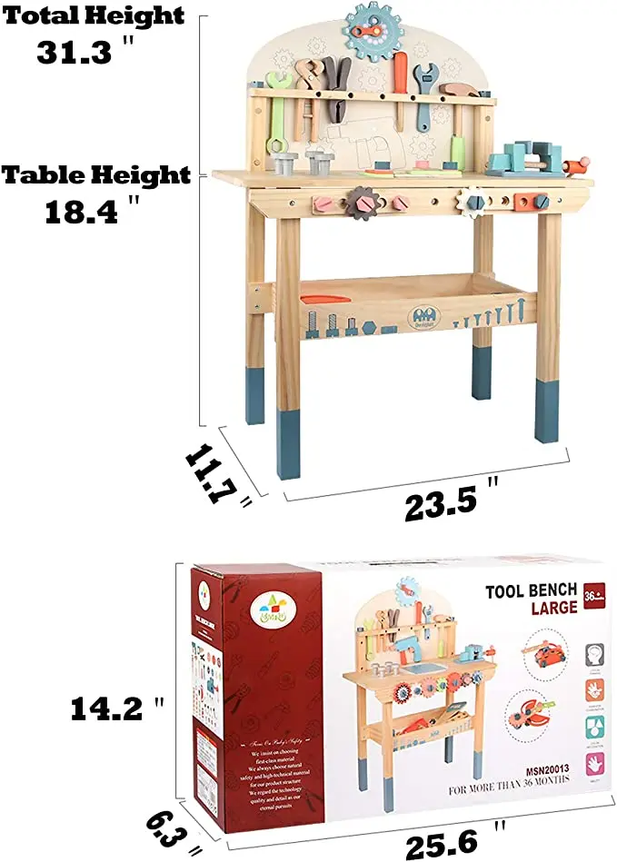 Tool Bench for Kids Toy Play Workbench Wooden Tool Bench Workshop Workbench with Tools Set Wooden Construction Bench Toy