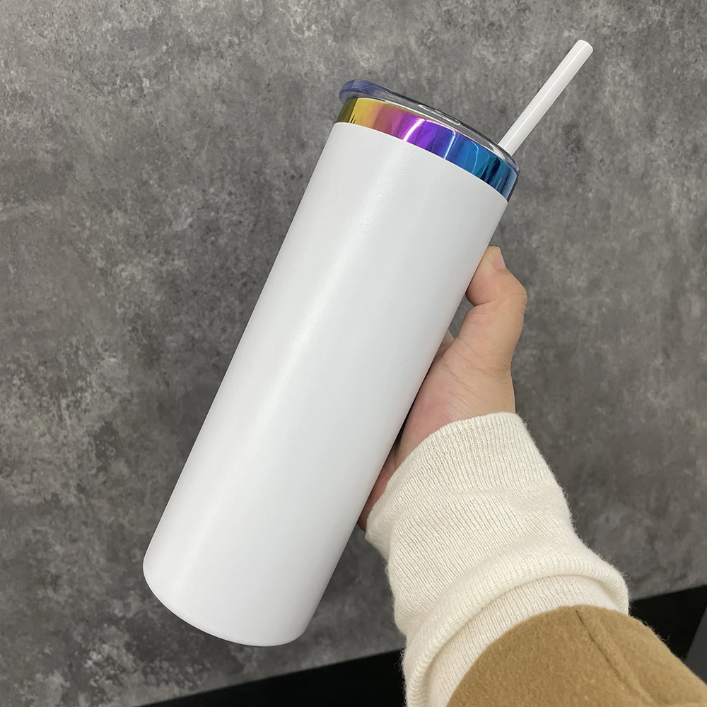 wholesale bulk double walled stainless steel powder coated 20oz rainbow plated skinny tumbler with slide lid for laser engrave