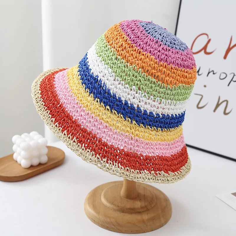 Handmade Rainbow Straw Hat Sunscreen Shading Fisherman cap Braided Striped High Quality Crochet Bucket Straw Hat