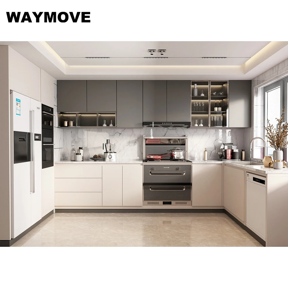 WAYMOVE современные ПВХ кухонные шкафы с лаком акриловая обработка поверхности дверной панели шарнирный кран раковина двери кухонного шкафа