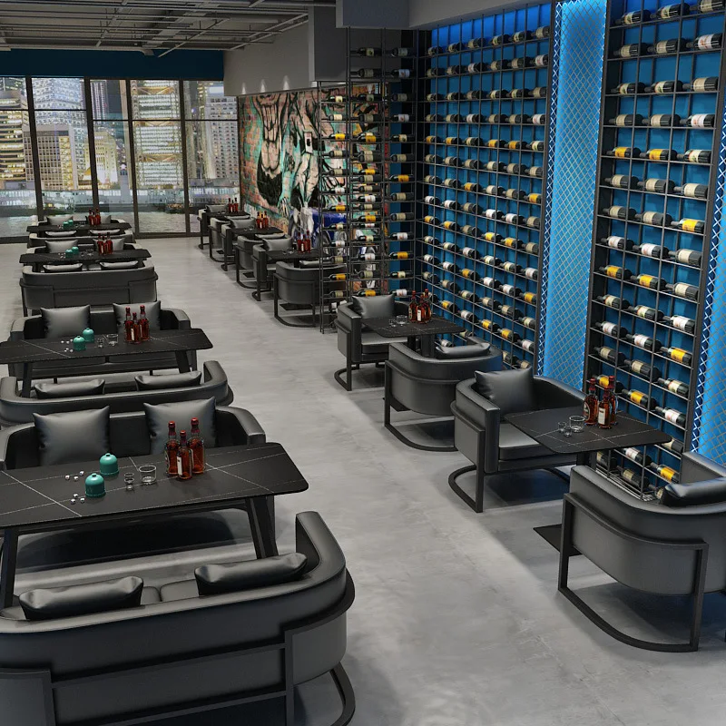 Luxury custom hotel apartment bar cafe Restaurant indoor dining room Furniture set Leather black sofa chair and Table Set GUA