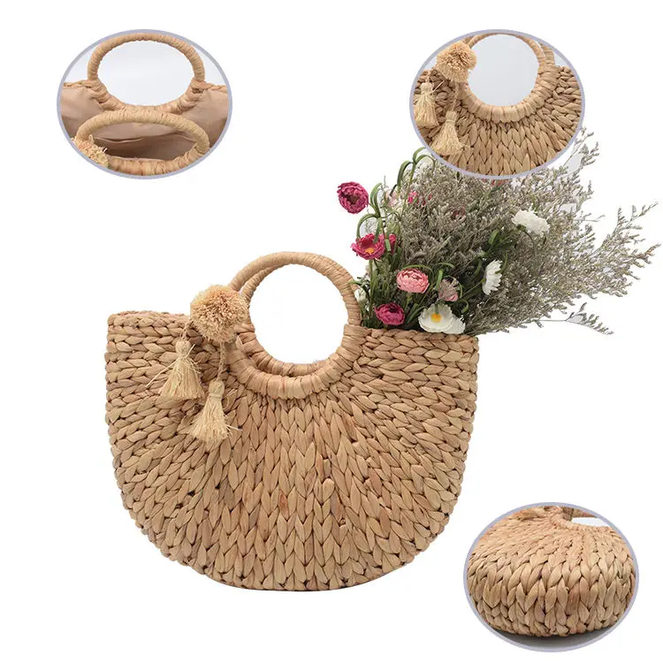 Hot selling Natural material Water Hyacinth Grass bag With Decoration for summer beach