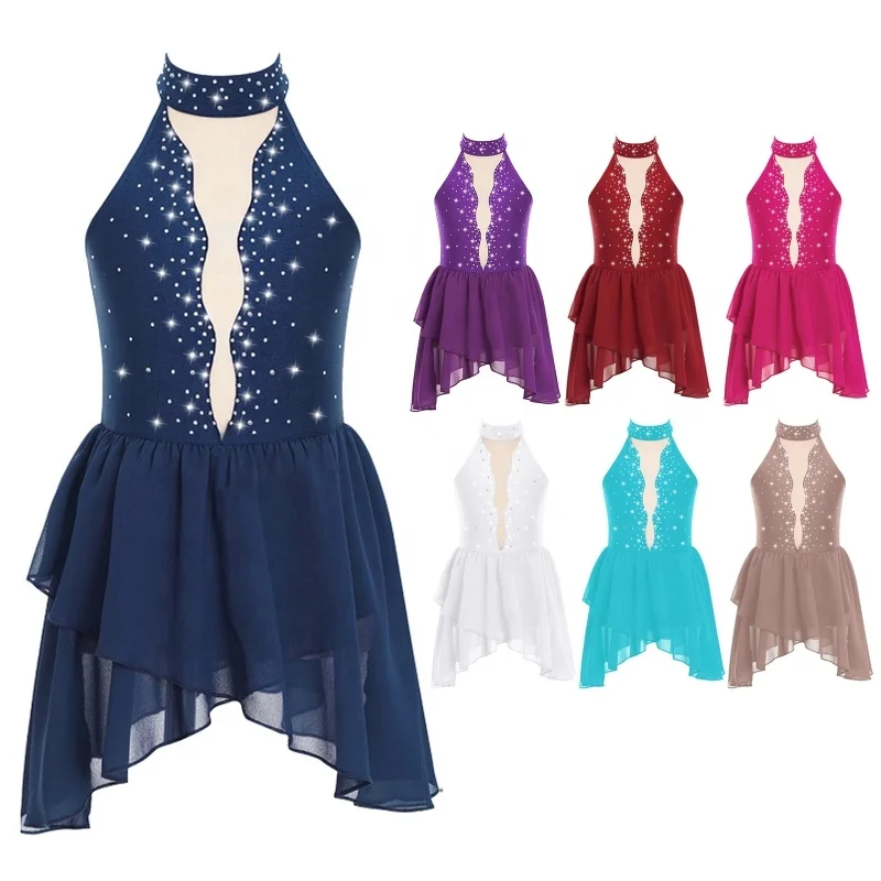 6-16 Ballroom Dancing Dresses China Kids Dancewear Girls Rhinestone Lyrical Dance Dress Gymnastics Clothing Performance Wear