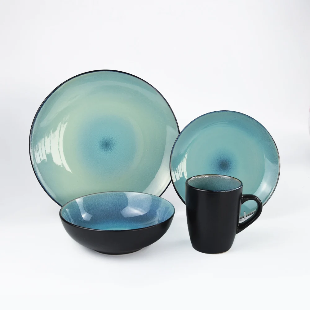 Porcelain round Reactive Glazed Dinnerware set  Ceramic Plate dish and bowl Handmade party tableware & table decoration