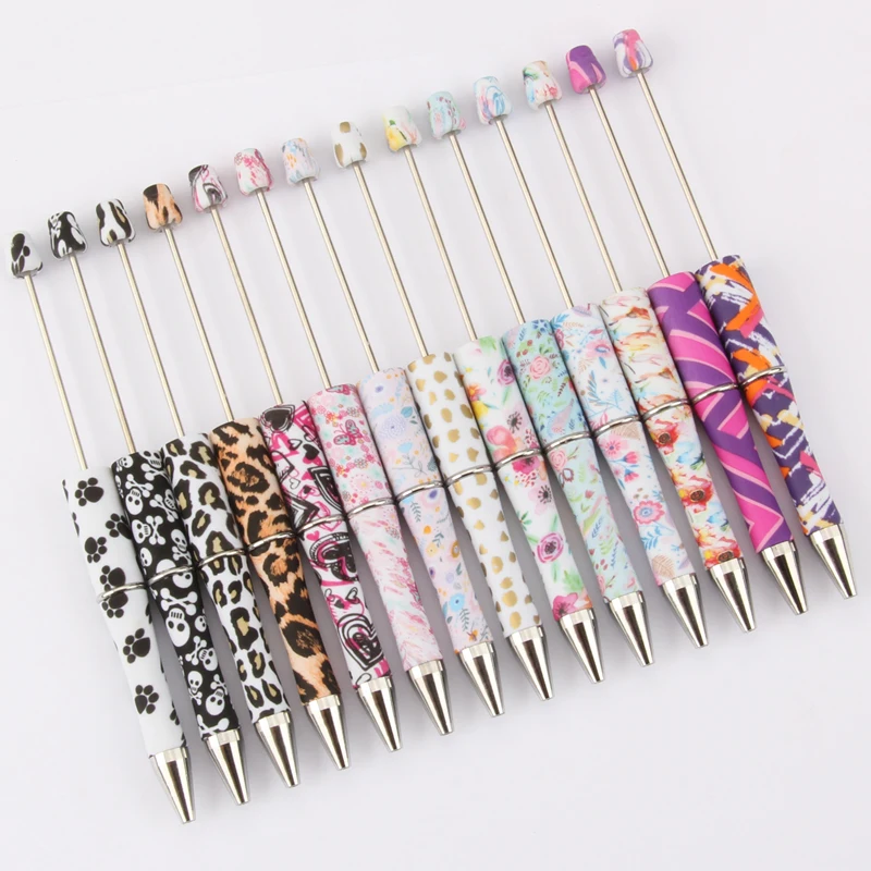 Plastic Bulk Beaded Ball Pen Printing Beads Pens Multiple Patterns Claw Skull Leopard US Flag Printed DIY Beadable Pen for Girls