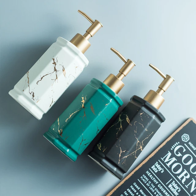 OEM Ceramic Bathroom Liquid Hand Soap Dispenser Hexagonal Marbled 350ML Reusable Soap Dispenser