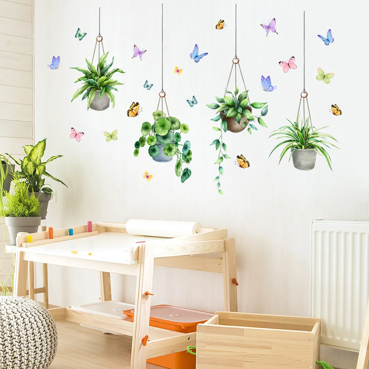 Potting of green plants Wall Sticker butterfly dancing gracefully Decals Living Room Decorative Wallpaper