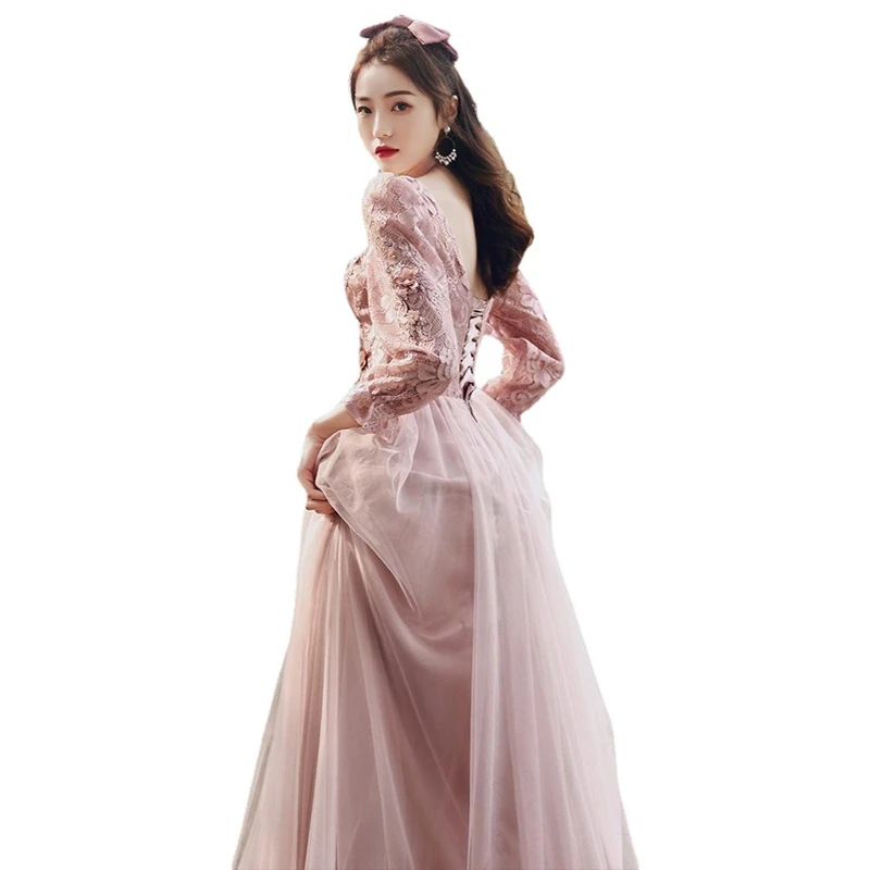 Xuya Senior Long-sleeved Pink Bridesmaid Dress Slim Sisters Group Dress Skirt For Women
