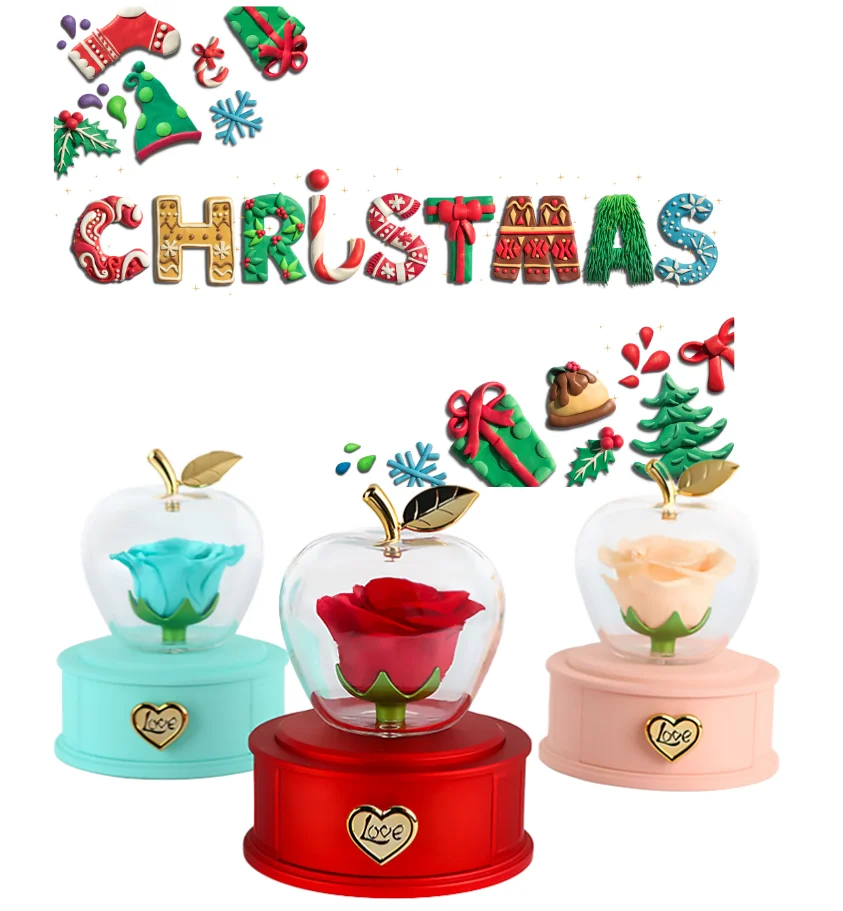 YUANQI New Hot Sale Christmas Apple Eternal Flower Acrylic Cover Apple Proposal Ring Necklace Earnail Jewelry Gift Box