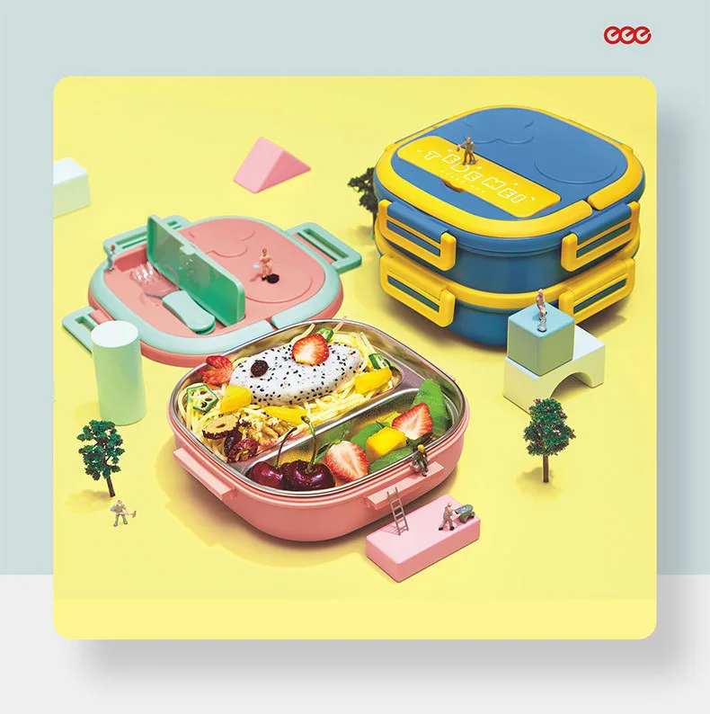 Bento Box 550ml Single Layer 3 Compartments Kids Lunch Box, Stainless Steel Square Plastic Lunch Boxes with Mobile Holder CN;GUA