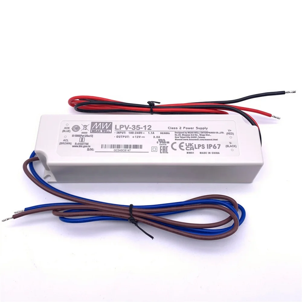 Original Mean well LPV-35-12 DC 12V 24V 20W 35W 60W 100W 150W IP67 Waterproof  LPV series Mean well LED Switching Power Supply