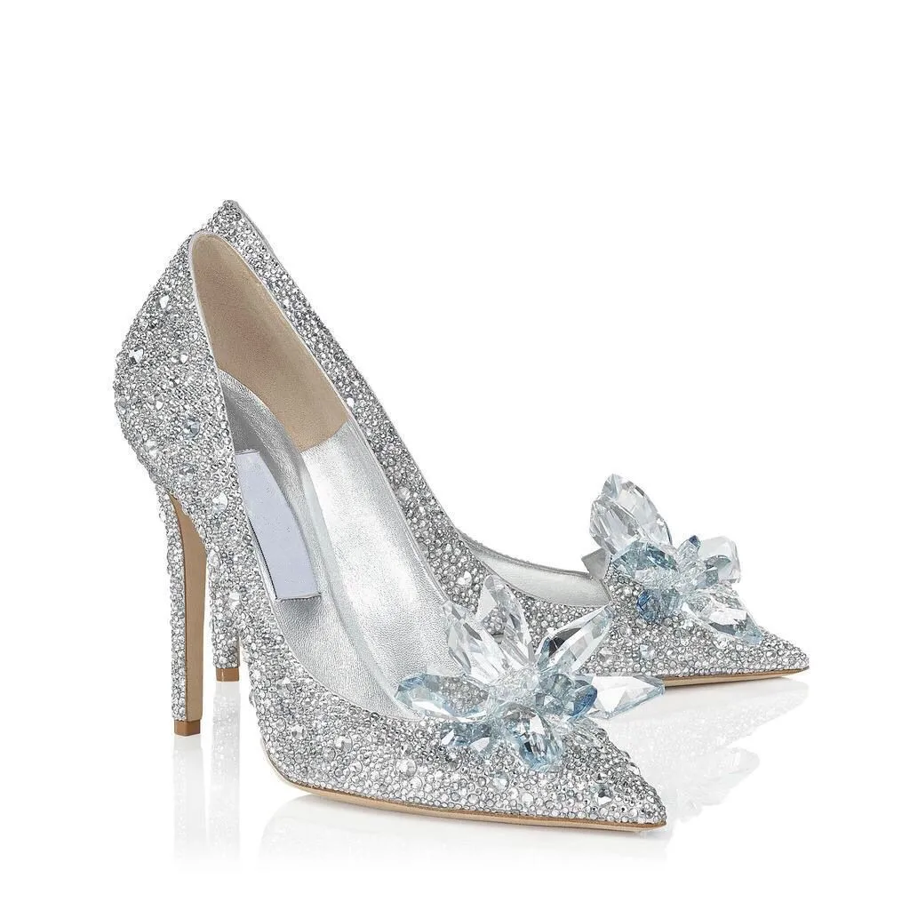 2021 заостренные стразы высокие каблуки Золушка стеклянные тапочки туфли на шпильке сексуальные свадебная обувь для подружки невесты женские