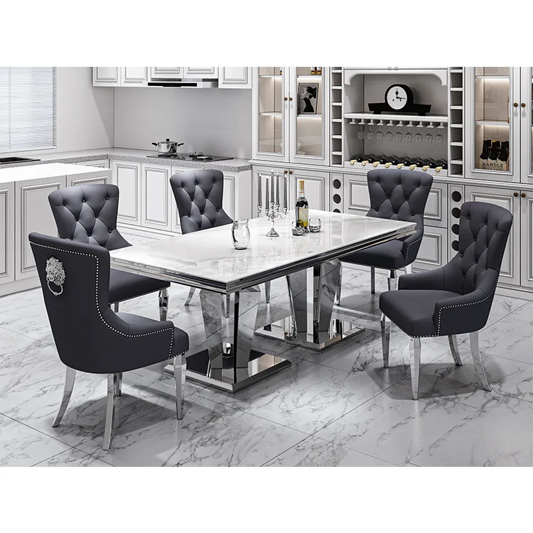 Hot Sale Retangular Marble Stainless Steel Diamond Shape Base Dining Table Set
