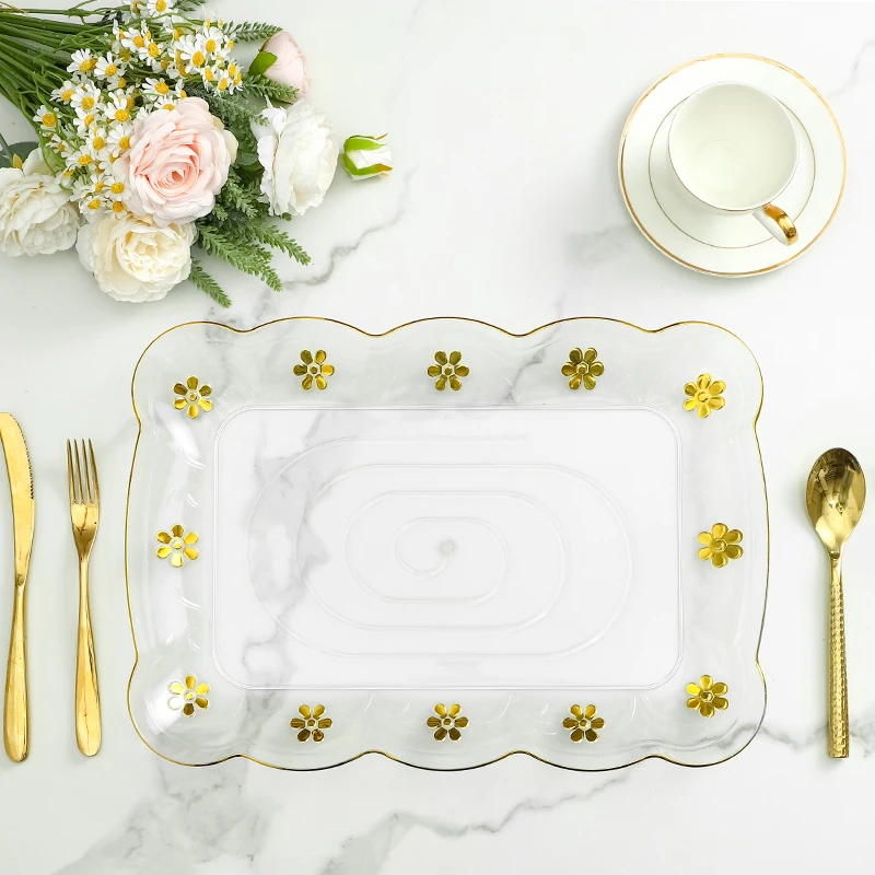 JUMPFOREVER 27.5cm Unbreakable Party Wedding Decorative Gold Flower Edge Clear Transparent PET Plastic Charge Plate