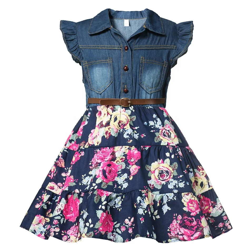 
hot selling bow knot blue sweet casual floral denim summer little girl dress toddler girl summer sets 2pcs 