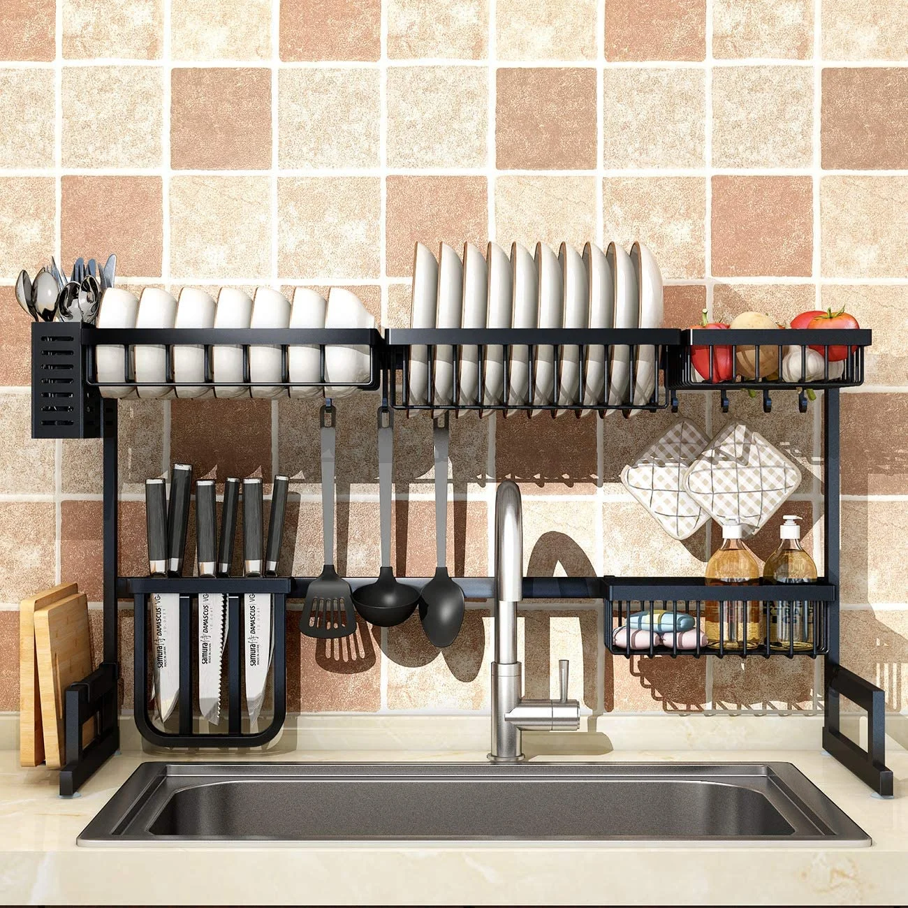 
cheap adjustable amazon hot sale bowl plate luxury dish rack telescopic over sink double sink strainer drain rack 