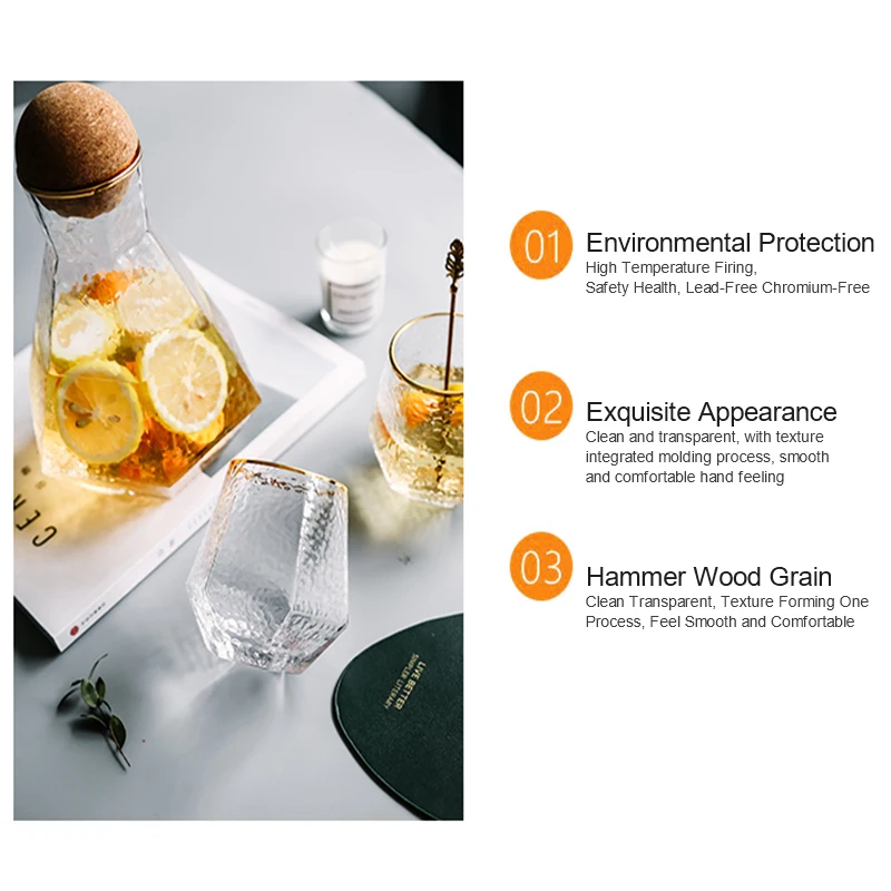 Кувшин для воды шестигранный геометрический объемом 1,3 л с 4 чашками, чайник горячий и холодный, диспенсер для напитков, кувшин из боросиликатного стекла