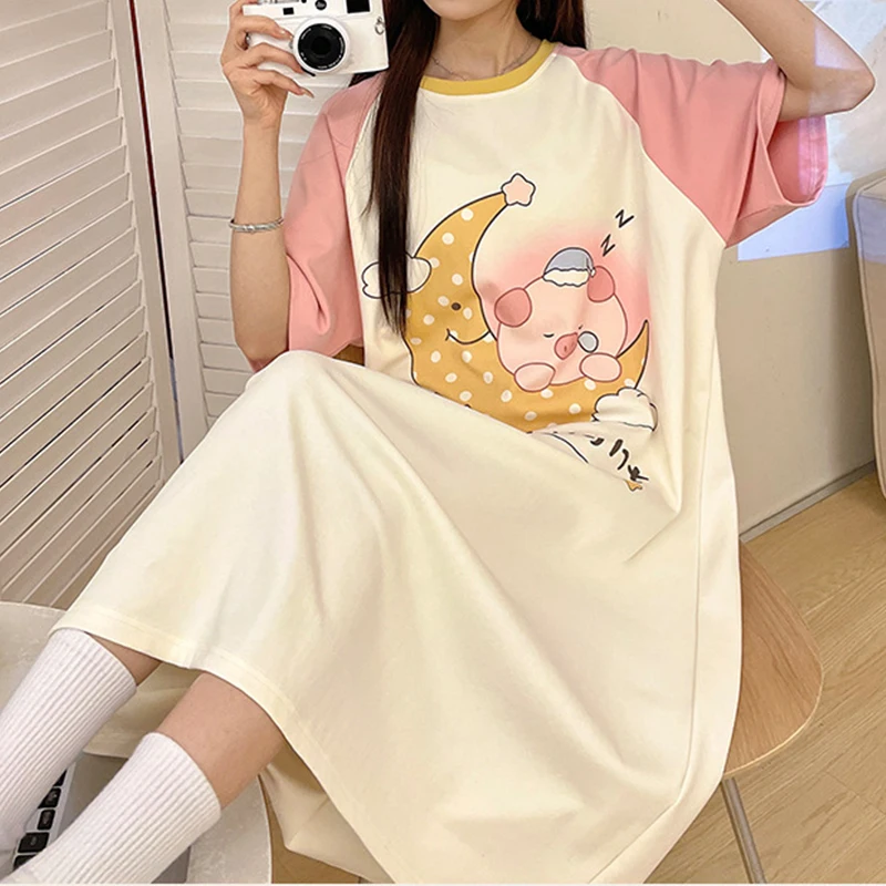 Cute Pig Night Dress Plus Size Nightwear For Women Loungewear Female Pajamas Nightgown One Piece Sleepwear Cotton Pajama Dress