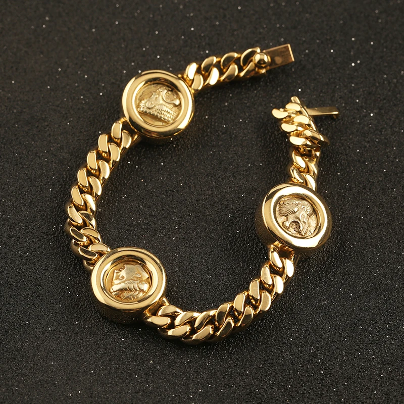 Custom Superior Jewelry Silver 925 Chain Cuban Charms for Bracelets with Gold Plated Coin for Men Gold Cuban Link Chain bracelet